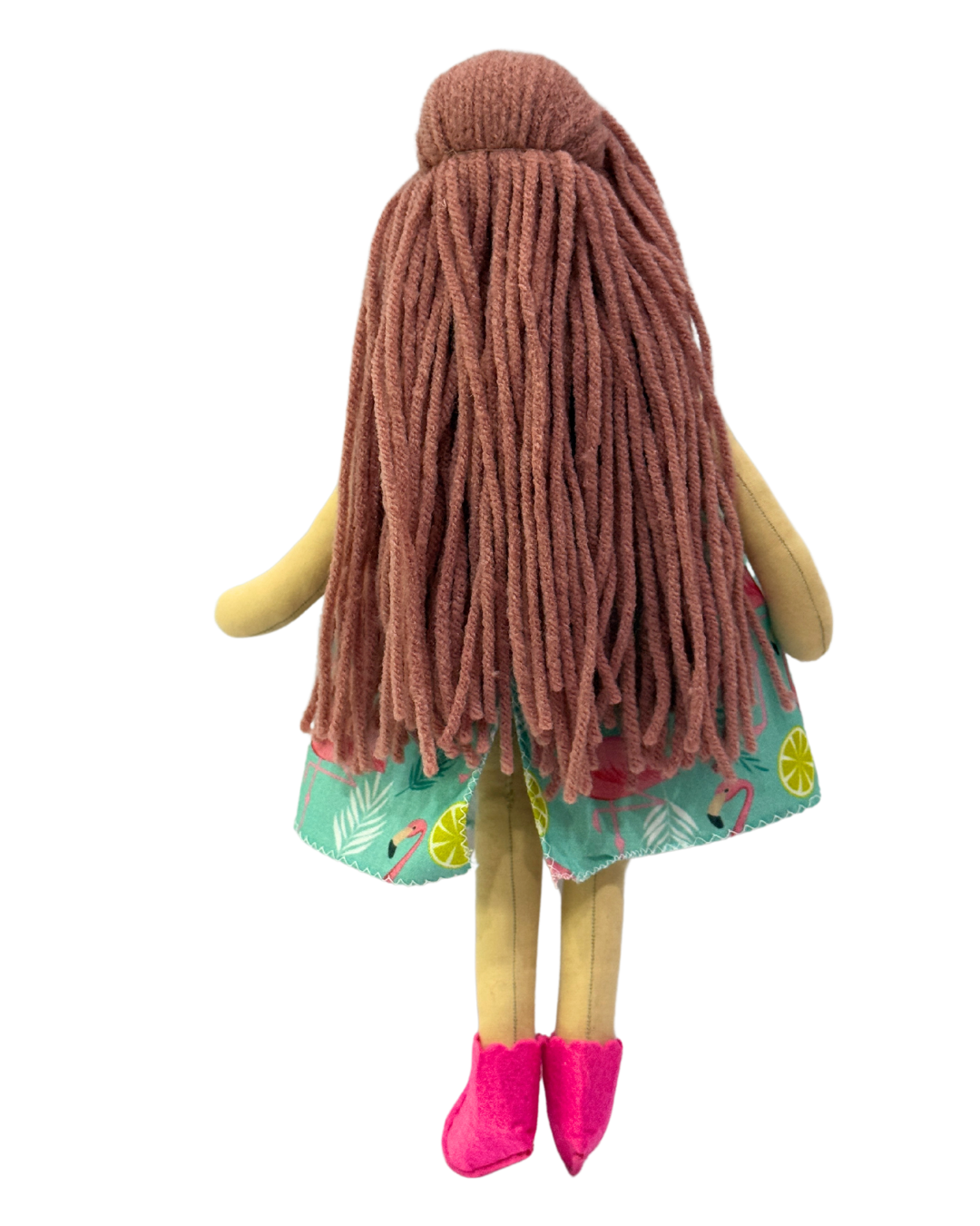 Soft pink flamingo dress doll - organic cotton baby toy with tangle-free hair