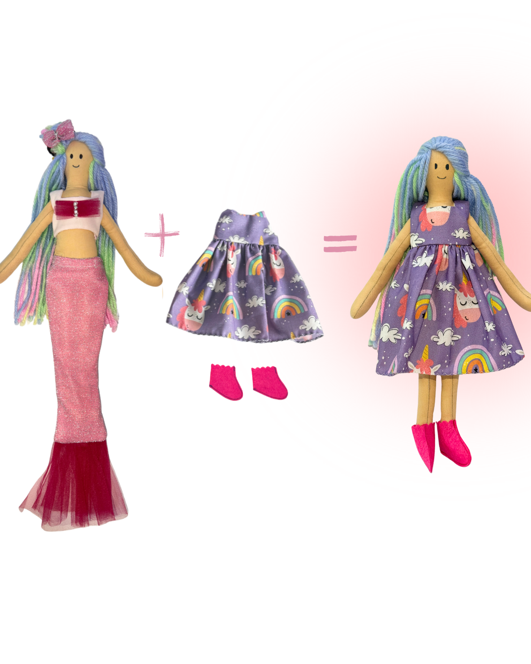 Blushie mermaid with blue-pink tail - organic cotton underwater friend