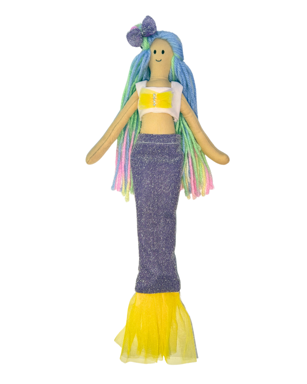 Rainbow mermaid with purple-yellow tail - safe aquatic pretend play toy