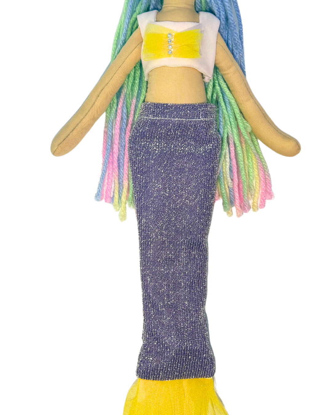 Rainbow mermaid with purple-yellow tail - safe aquatic pretend play toy