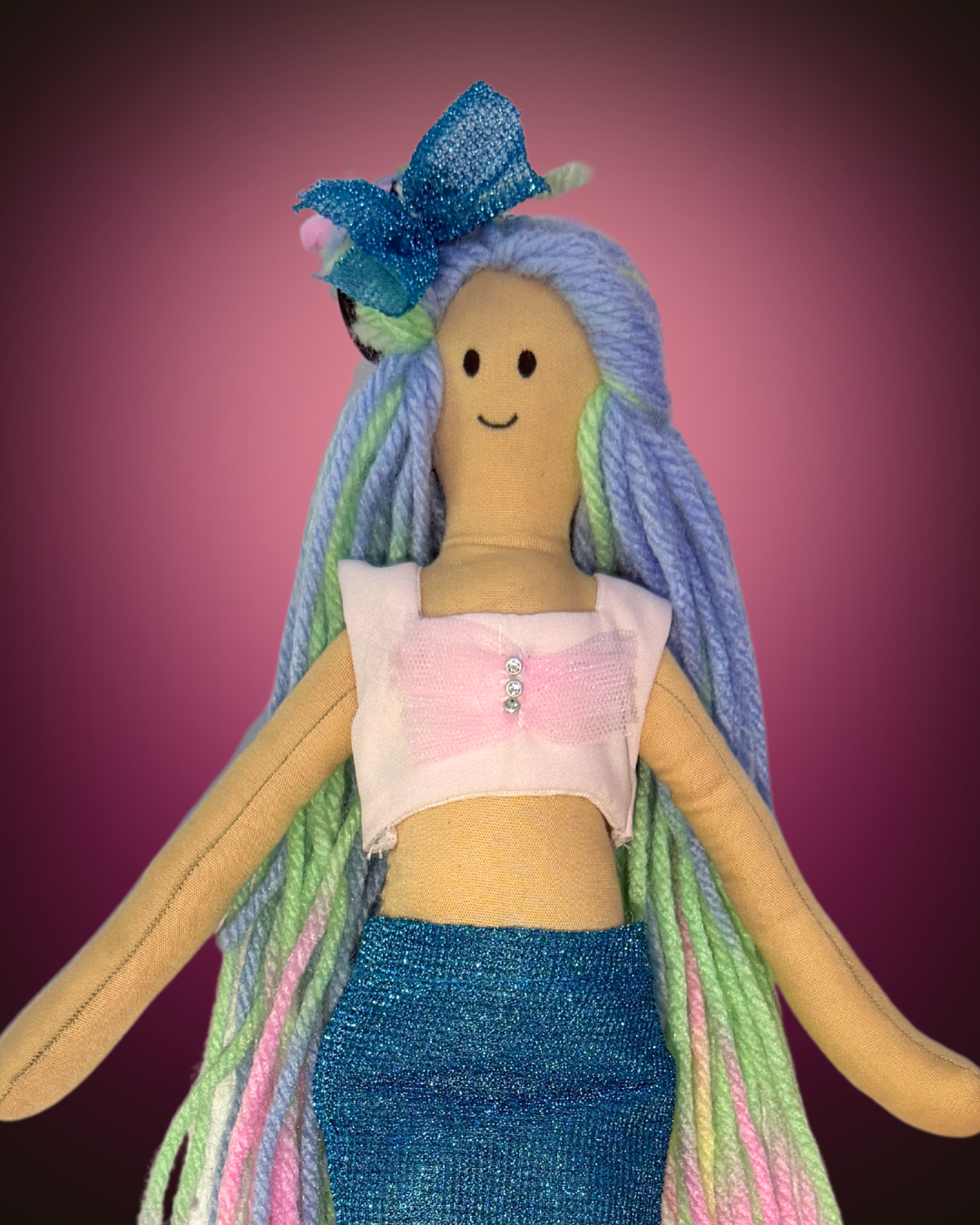 Blue and pink tail mermaid doll - sustainable aquatic toy with rainbow hair