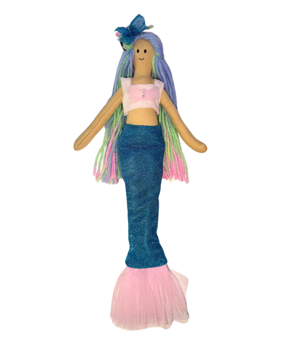 Blue and pink tail mermaid doll - sustainable aquatic toy with rainbow hair