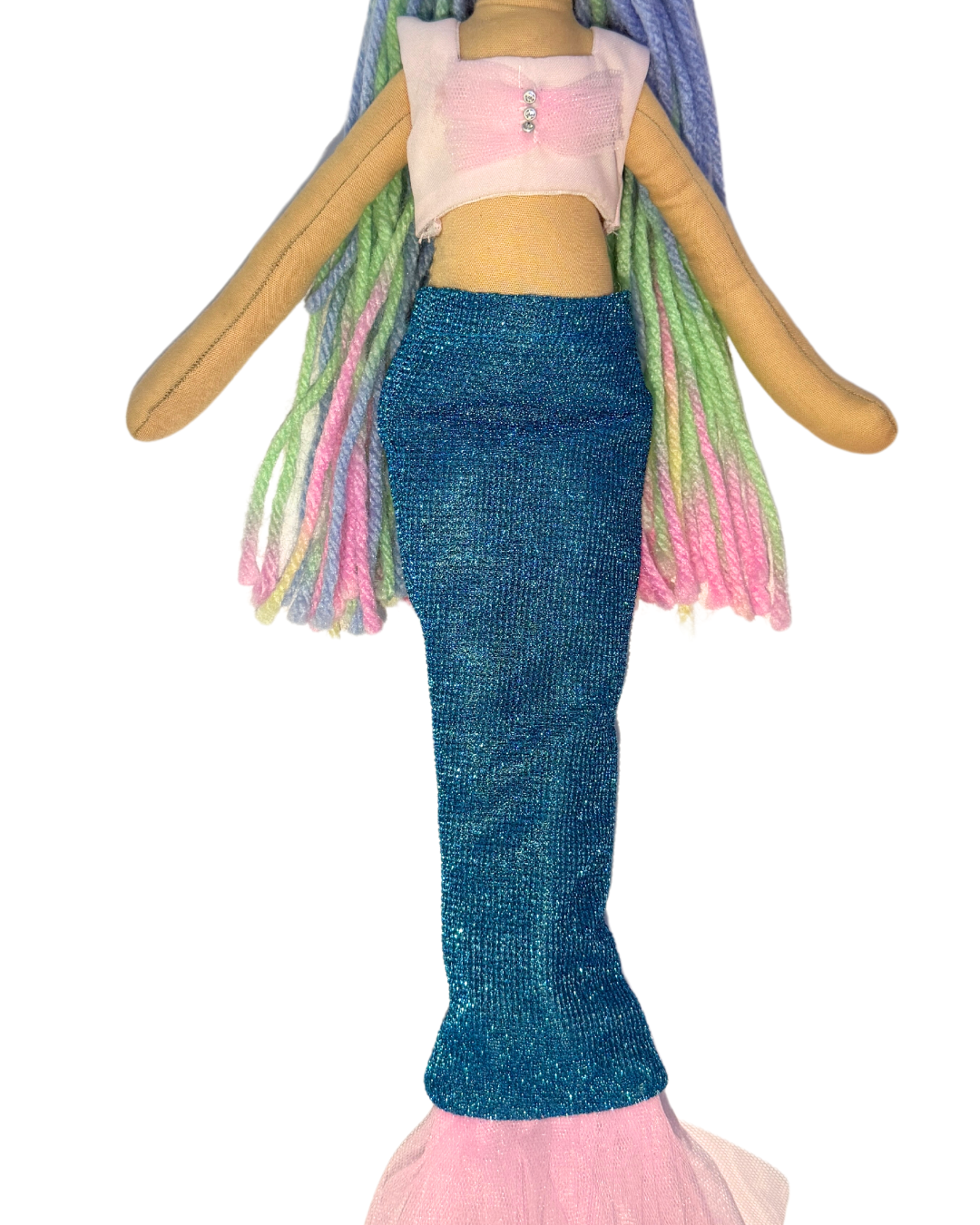 Blue and pink tail mermaid doll - sustainable aquatic toy with rainbow hair