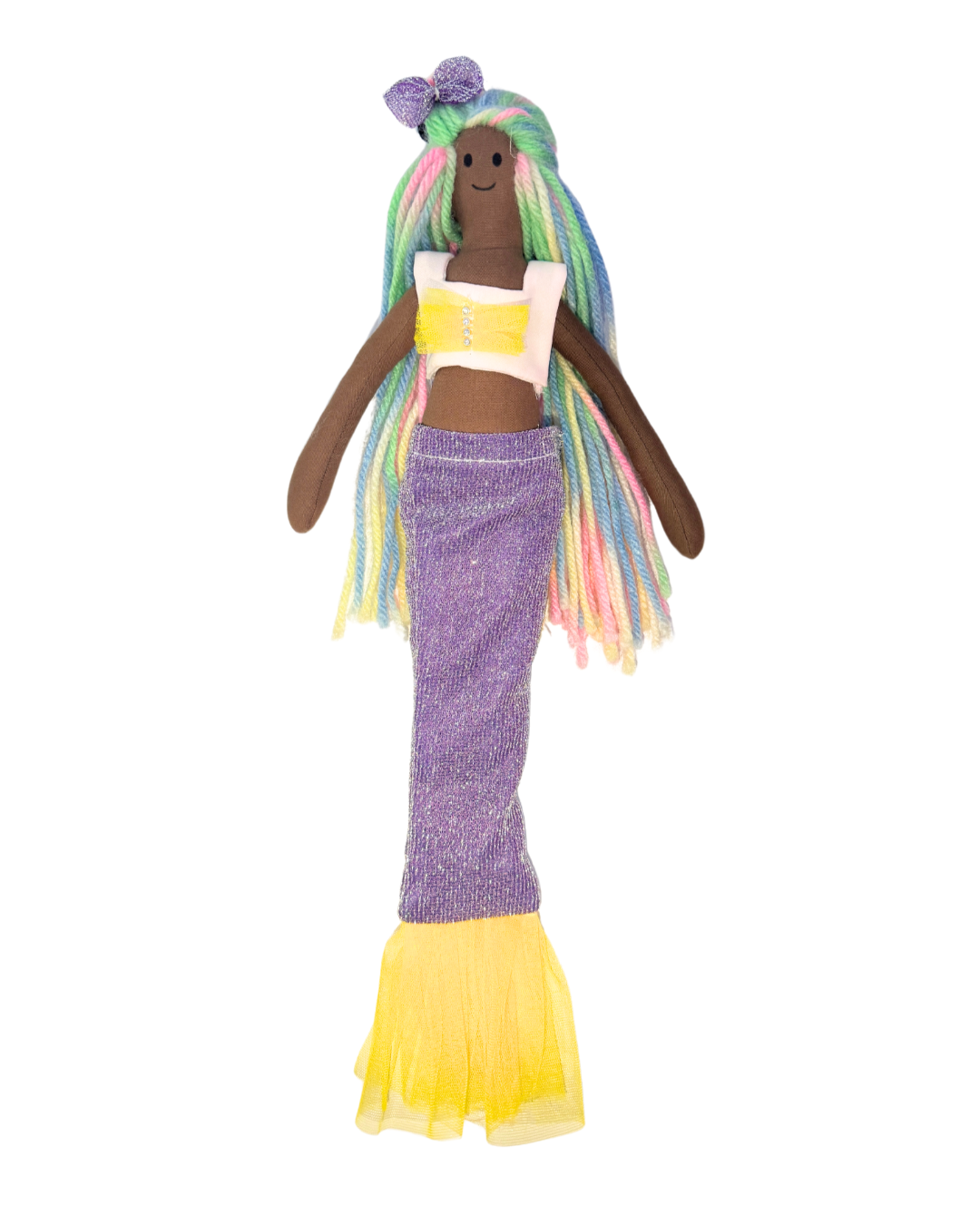 Rainbow mermaid doll - purple and yellow tail sustainable swimmer