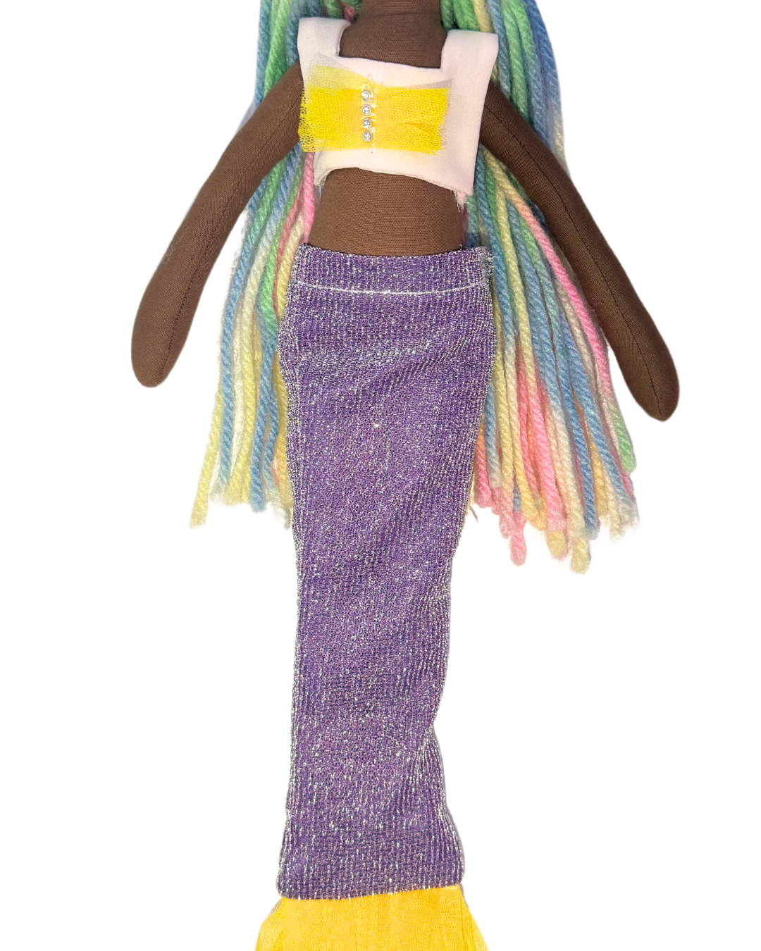Rainbow mermaid doll - purple and yellow tail sustainable swimmer
