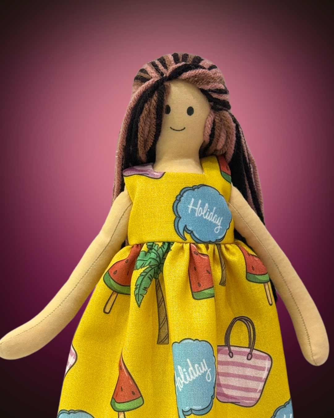 Cheerful yellow holiday dress baby doll - eco-conscious playtime companion