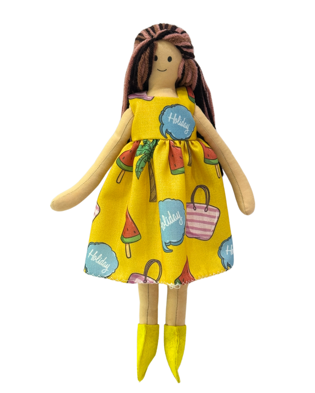 Cheerful yellow holiday dress baby doll - eco-conscious playtime companion
