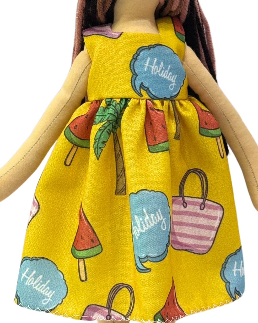 Cheerful yellow holiday dress baby doll - eco-conscious playtime companion