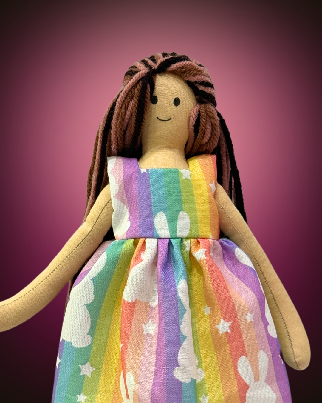 Colorful rainbow bunny doll - soft safe toy with tangle-free hair