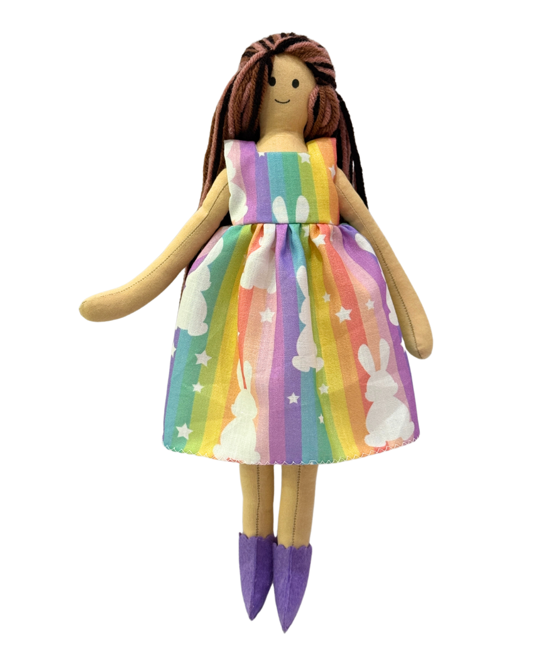 Colorful rainbow bunny doll - soft safe toy with tangle-free hair