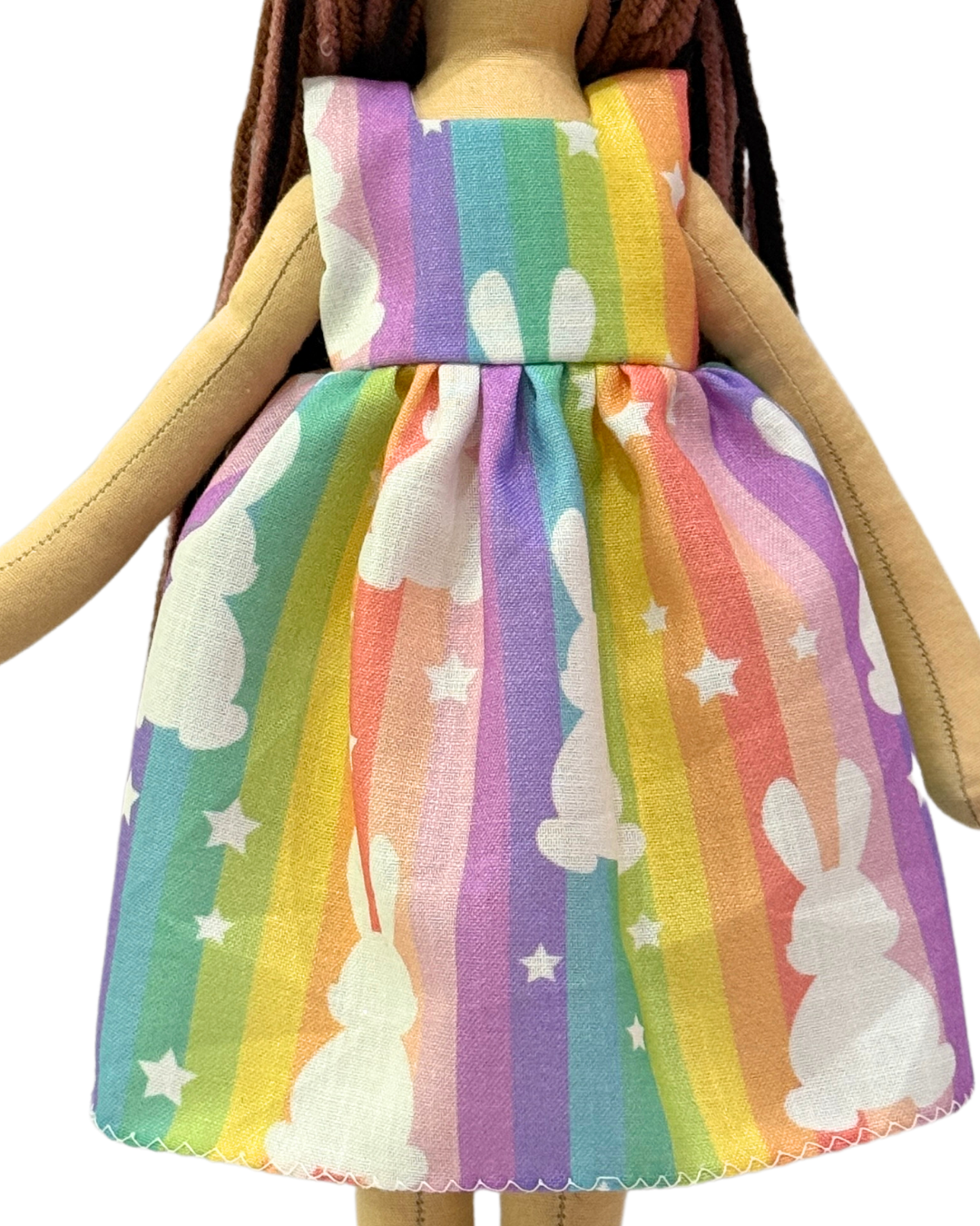 Colorful rainbow bunny doll - soft safe toy with tangle-free hair