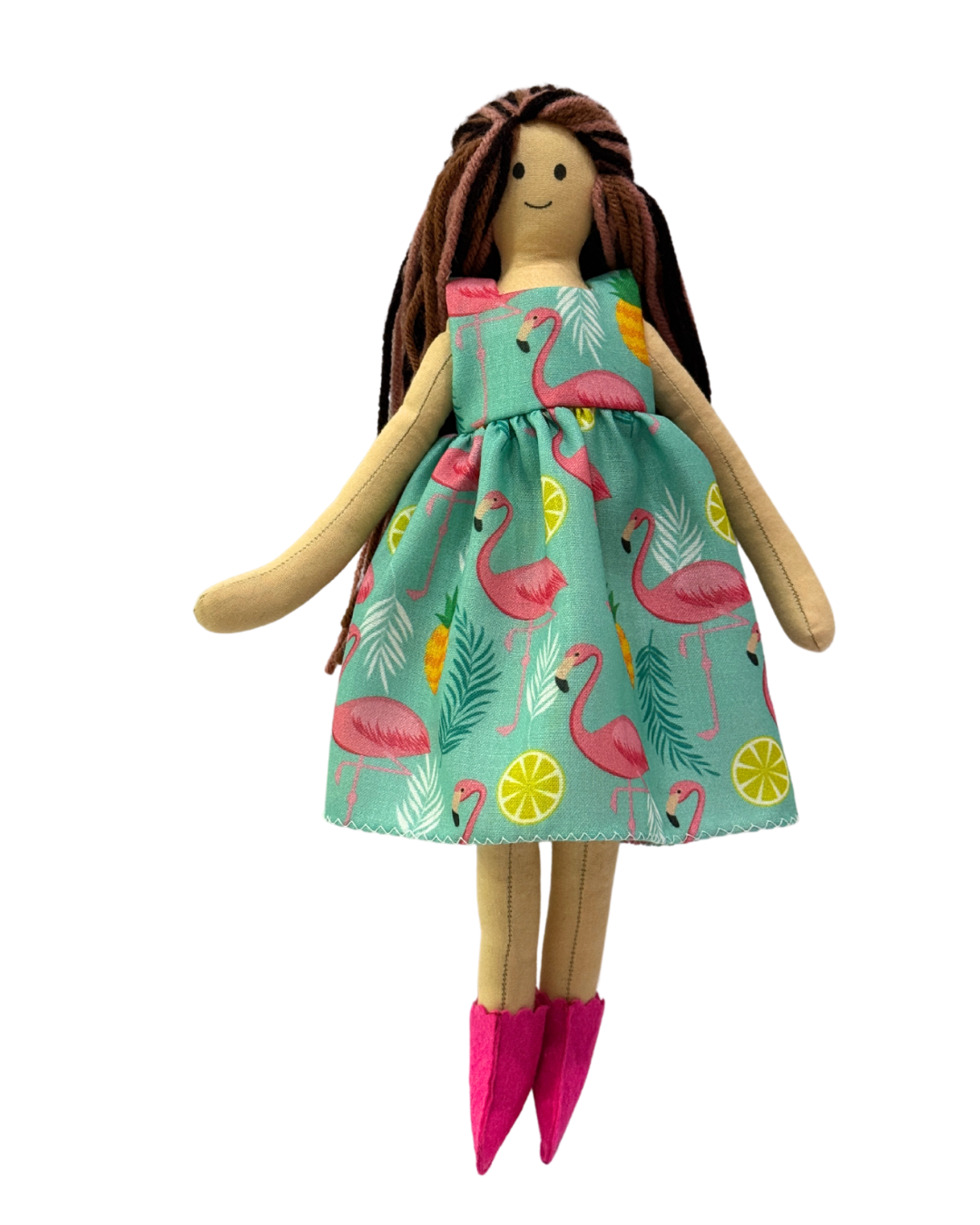 Eco-friendly flamingo dress doll - handmade sustainable toy for baby girls