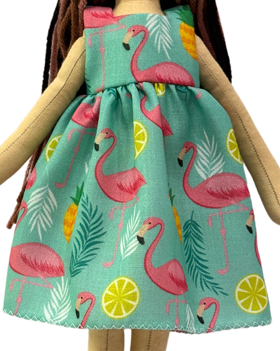 Eco-friendly flamingo dress doll - handmade sustainable toy for baby girls