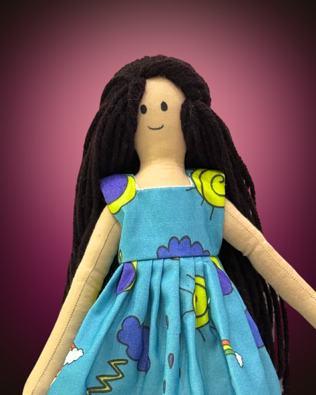 Blue sun dress rag doll - organic cotton safe plaything