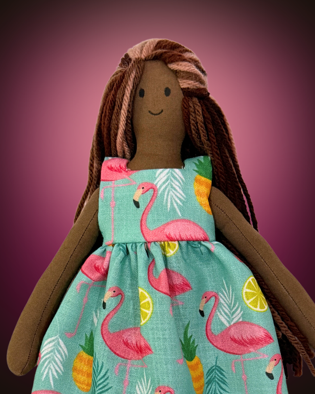 Sustainable flamingo print doll - biodegradable toy with tangle-free hair