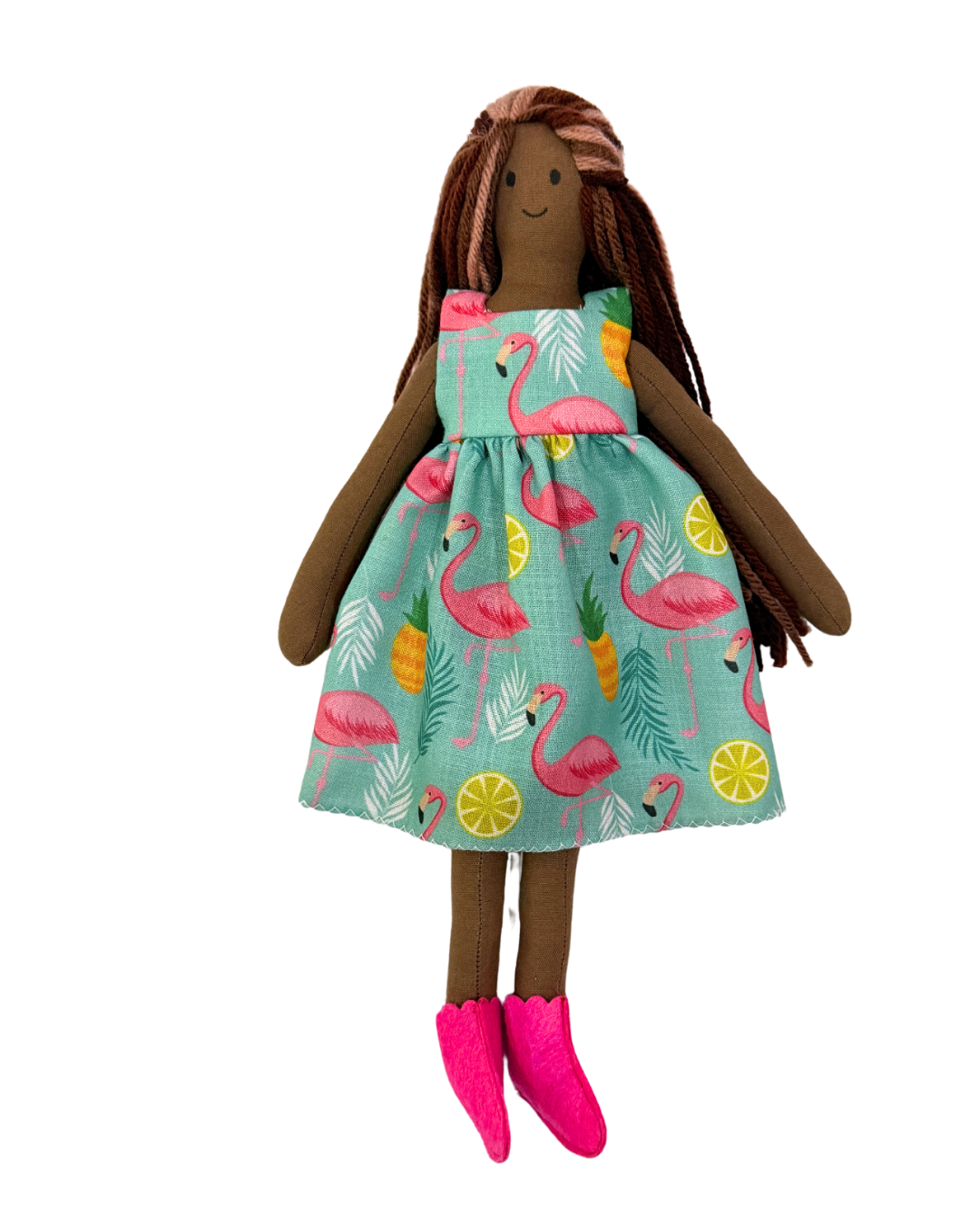 Sustainable flamingo print doll - biodegradable toy with tangle-free hair
