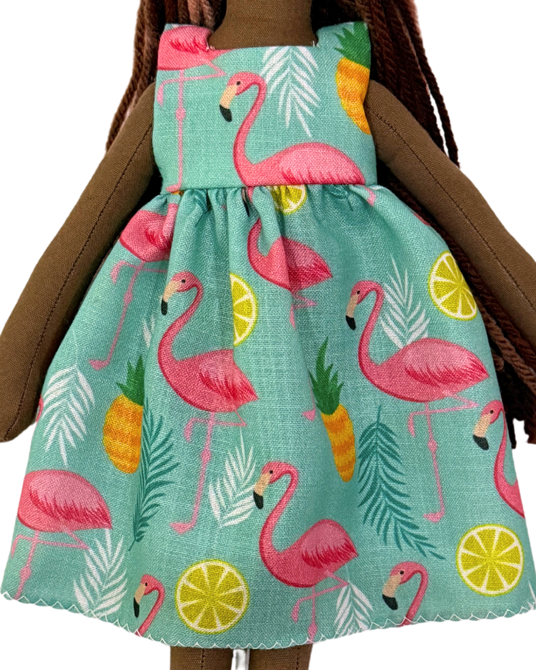 Sustainable flamingo print doll - biodegradable toy with tangle-free hair