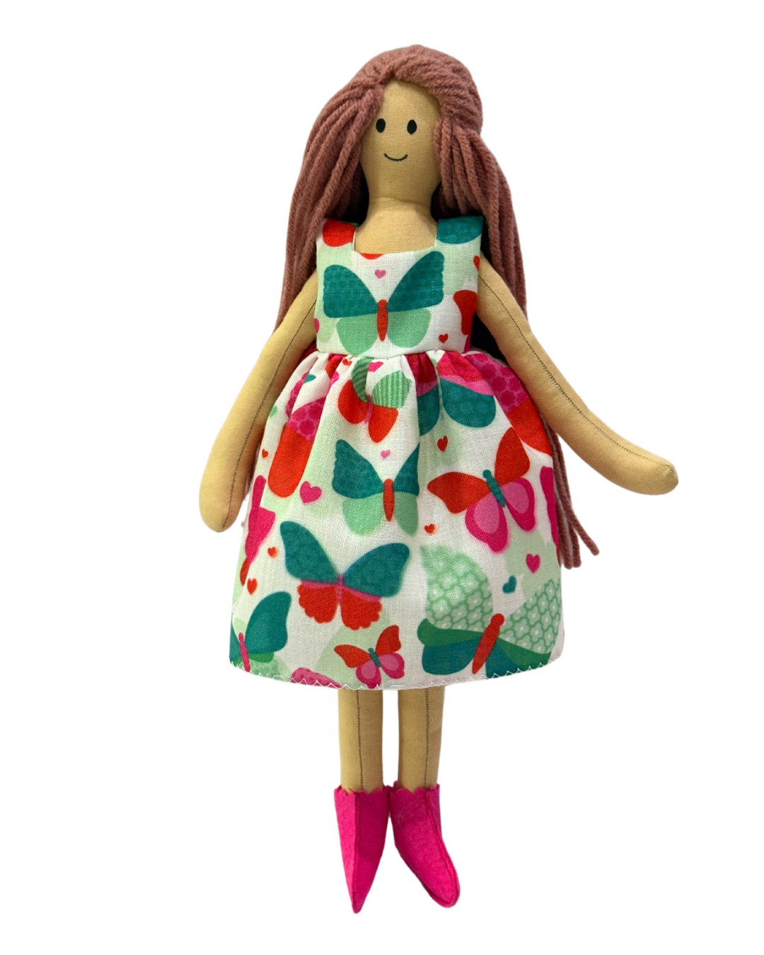 Soft organic doll (NINA HONEY PINKISH BROWN) with green butterfly dress – sustainable and biodegradable toy
