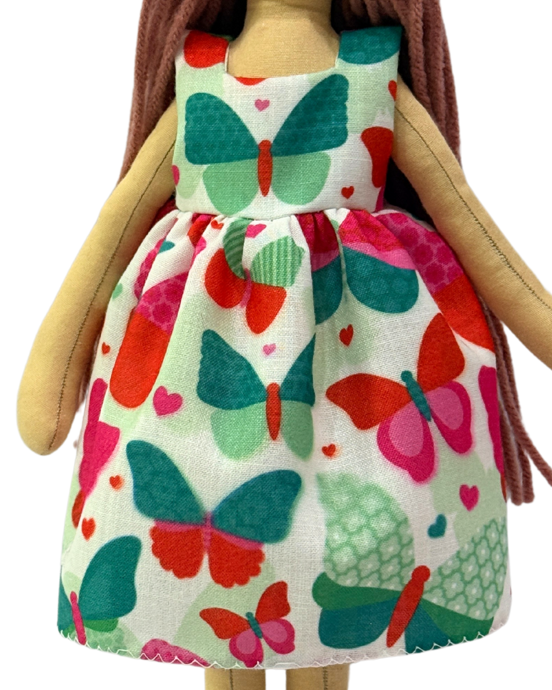 Soft organic doll (NINA HONEY PINKISH BROWN) with green butterfly dress – sustainable and biodegradable toy