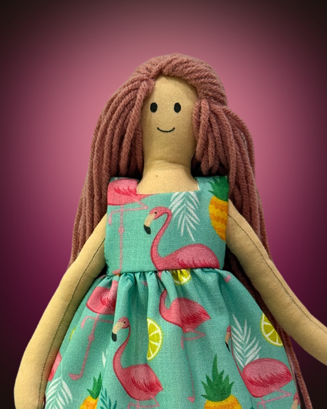 Soft pink flamingo dress doll - organic cotton baby toy with tangle-free hair