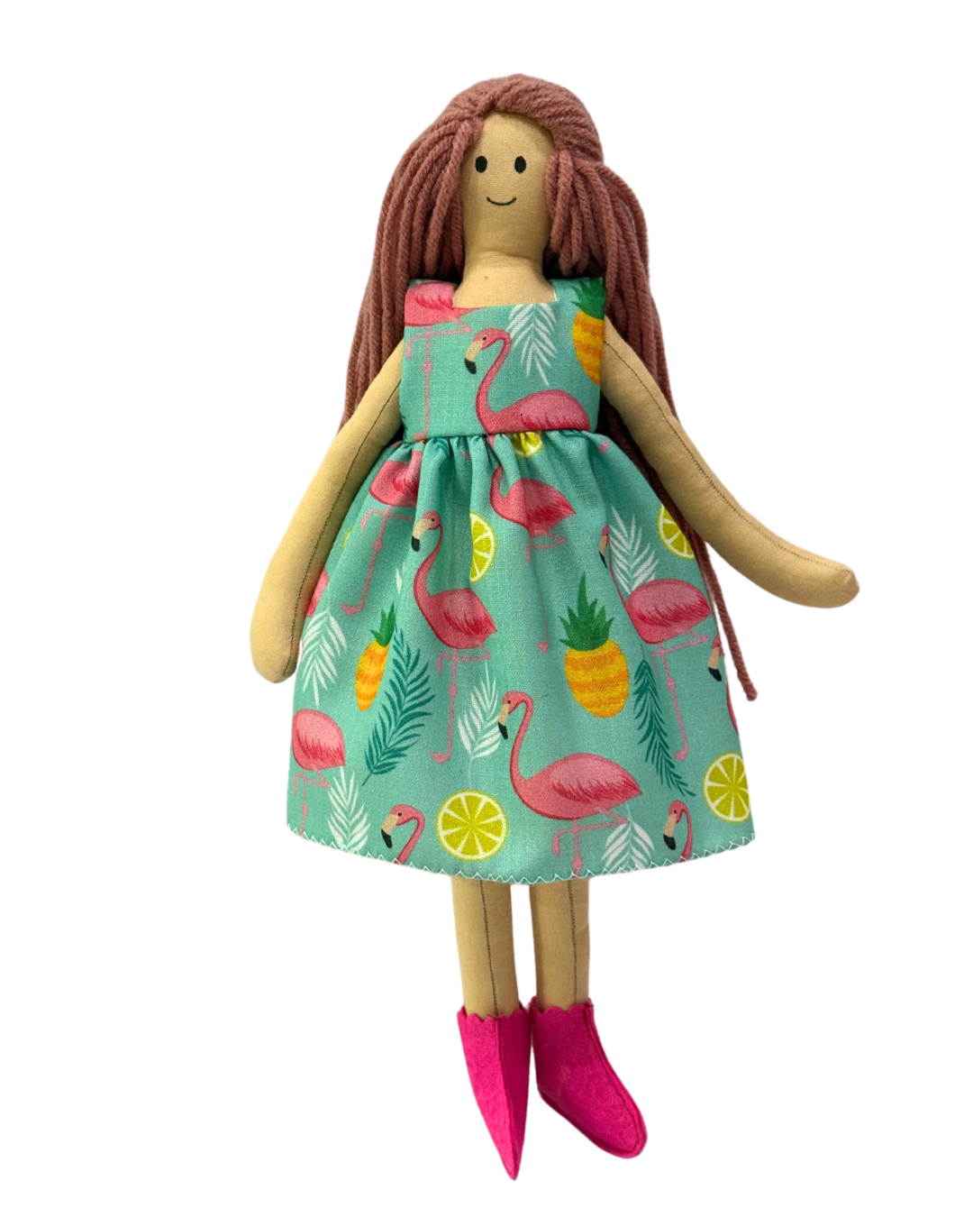 Soft pink flamingo dress doll - organic cotton baby toy with tangle-free hair