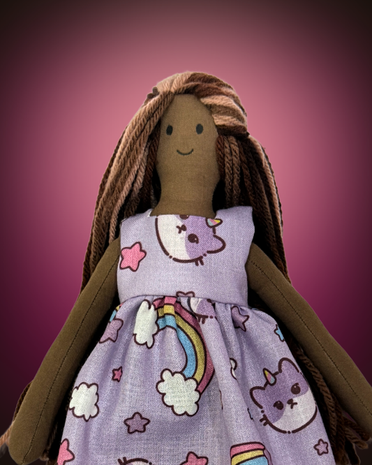 Purple kitty dress baby doll - tangle-free hair safe gift 