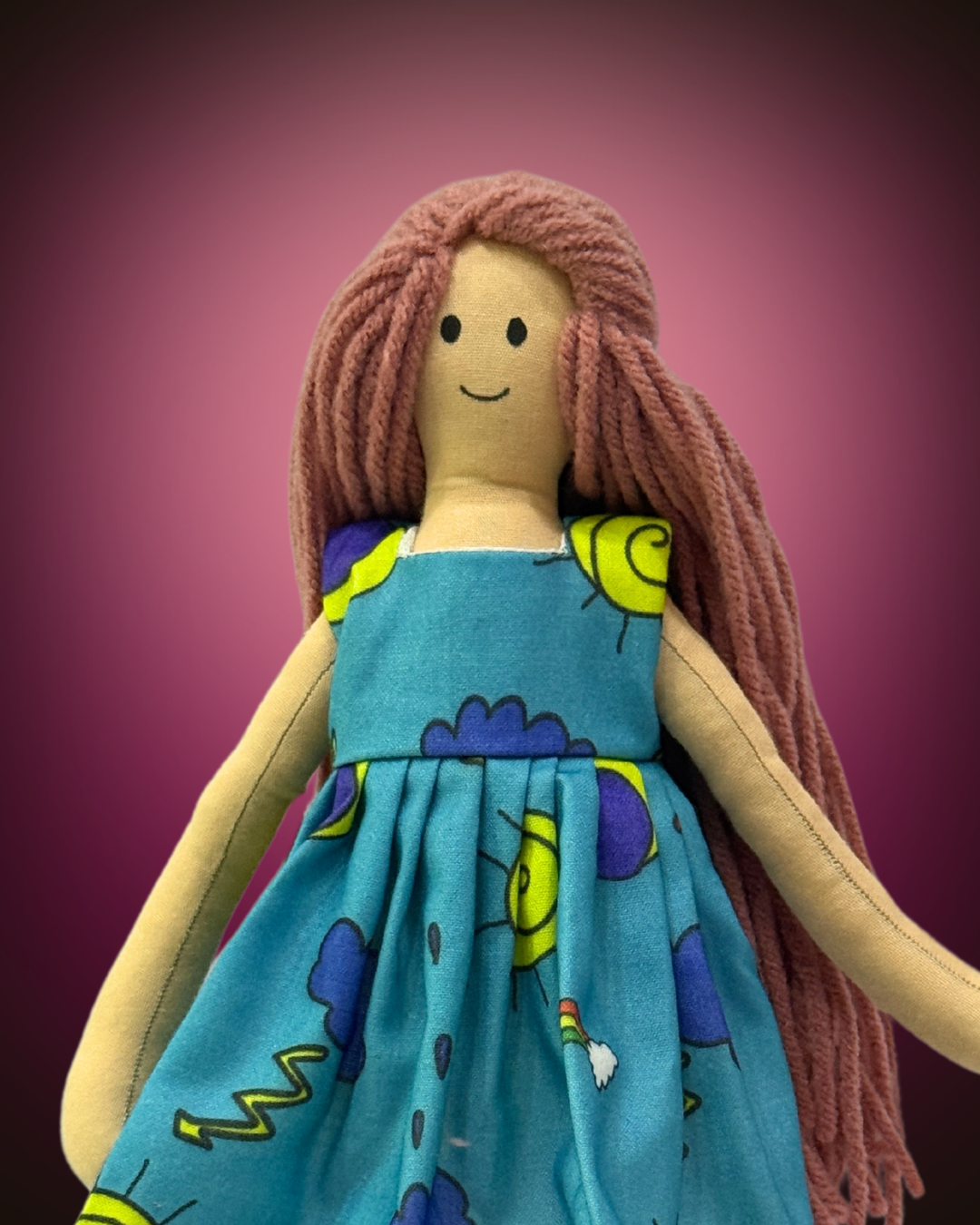 Handmade blue sun dress rag doll - safe non-toxic toy for toddlers