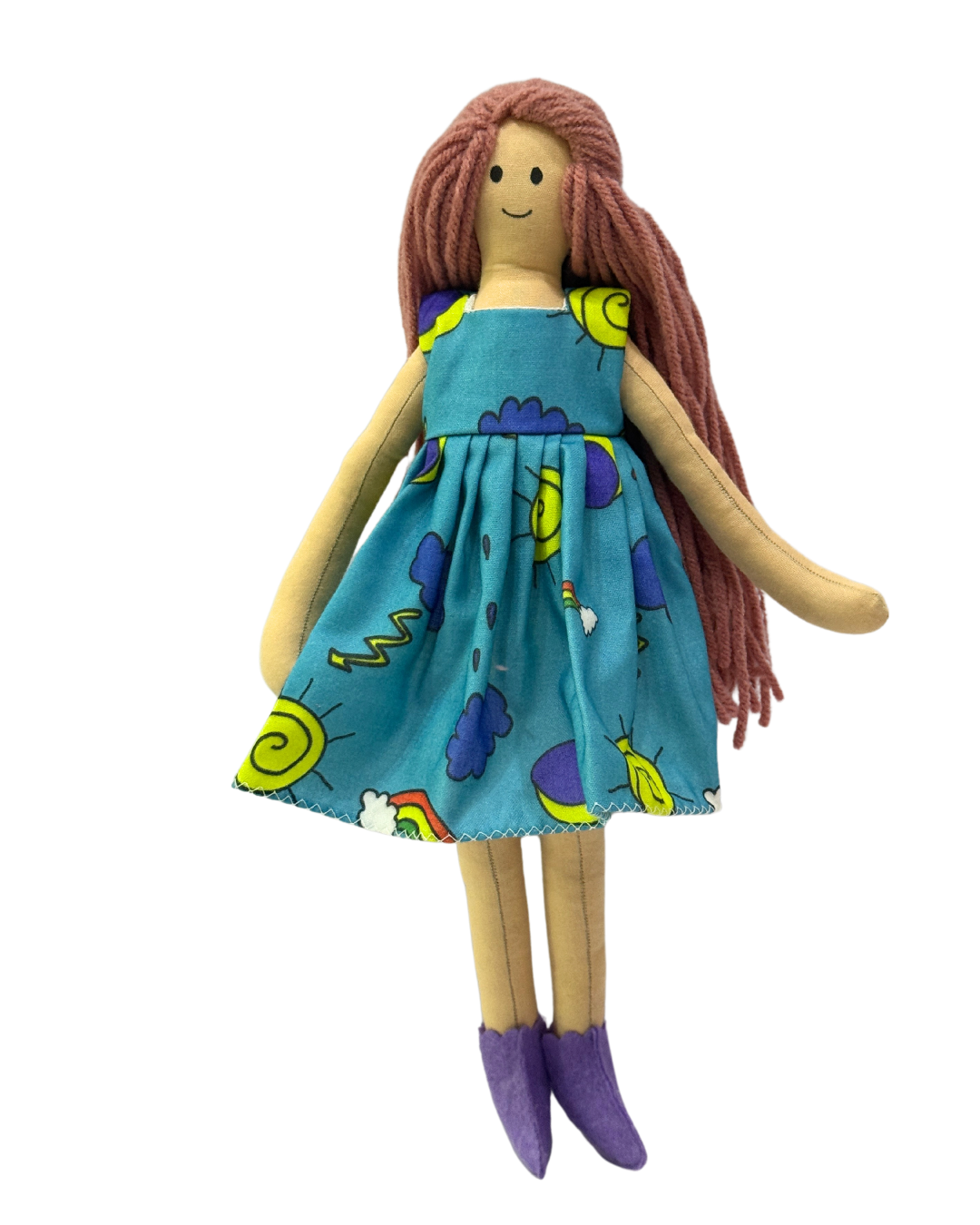 Handmade blue sun dress rag doll - safe non-toxic toy for toddlers