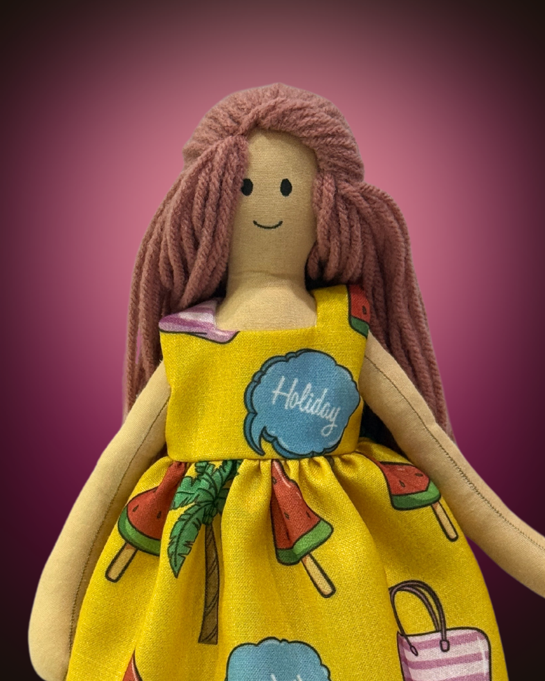 Handmade eco-friendly rag doll (NINA HONEY PINKISH BROWN) in a cheerful yellow holiday dress – sustainable toy for baby girls