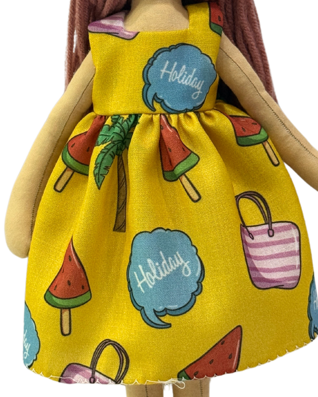 Handmade eco-friendly rag doll (NINA HONEY PINKISH BROWN) in a cheerful yellow holiday dress – sustainable toy for baby girls
