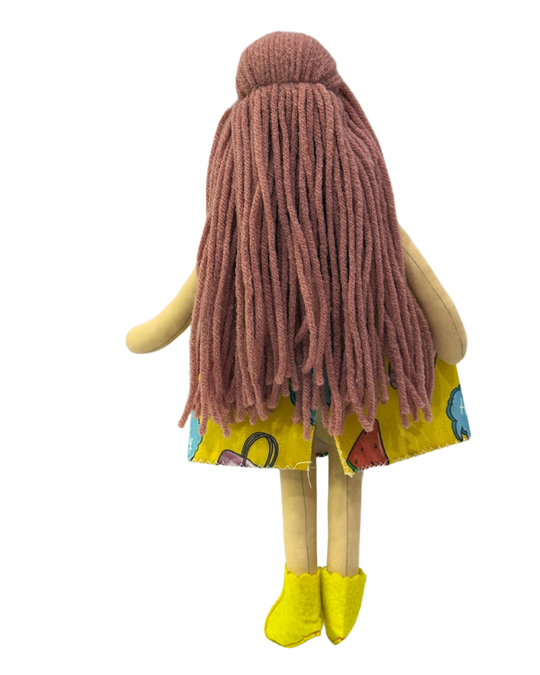 Handmade eco-friendly rag doll (NINA HONEY PINKISH BROWN) in a cheerful yellow holiday dress – sustainable toy for baby girls