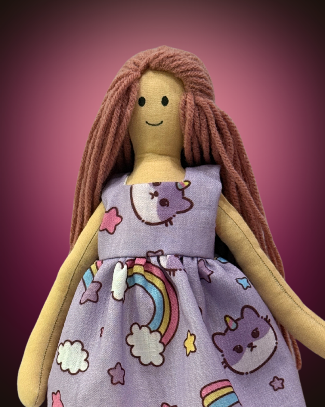 Adorable handmade doll (NINA HONEY PINKISH BROWN) in purple kitty cat dress – tangle-free hair and child-safe