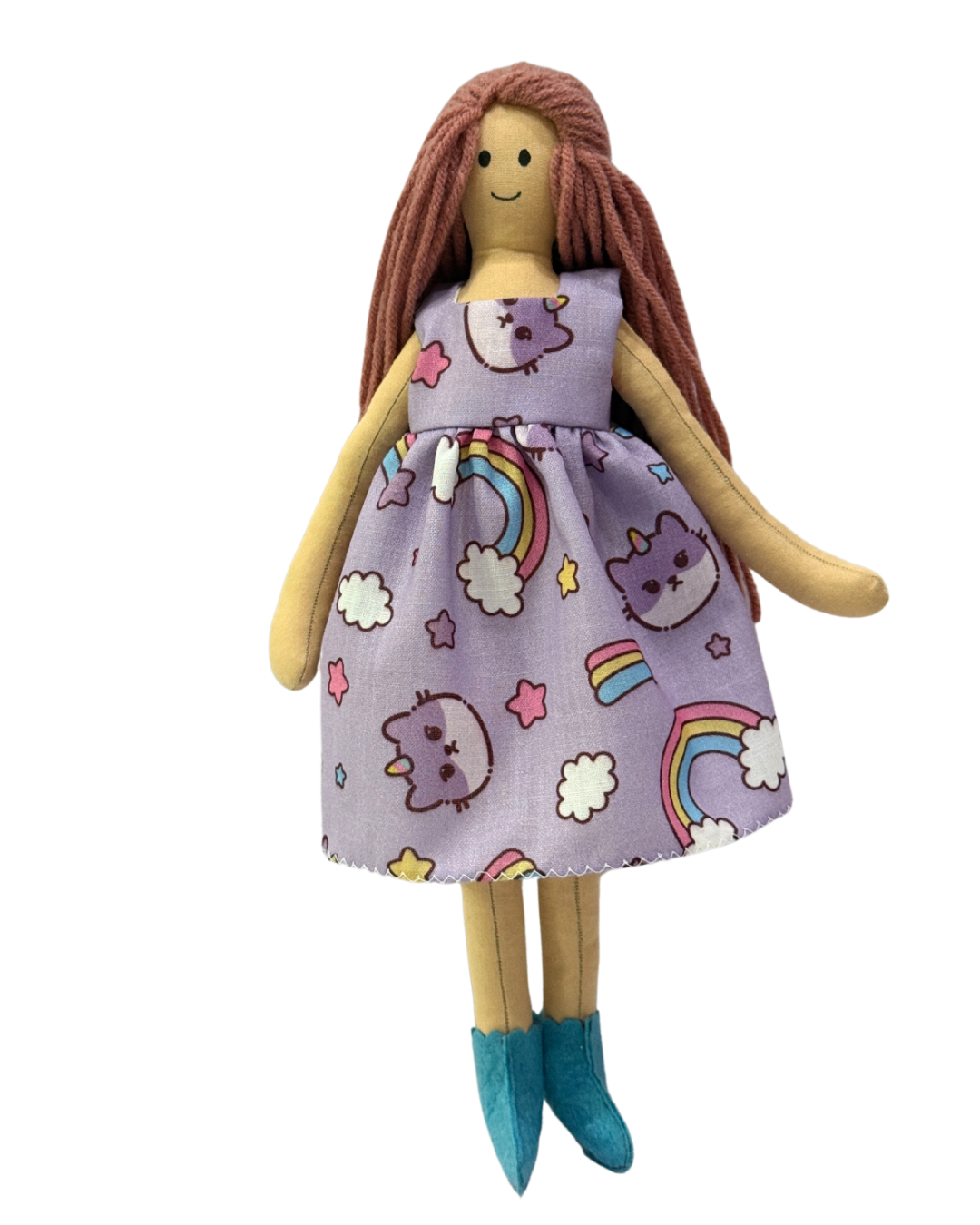 Adorable handmade doll (NINA HONEY PINKISH BROWN) in purple kitty cat dress – tangle-free hair and child-safe