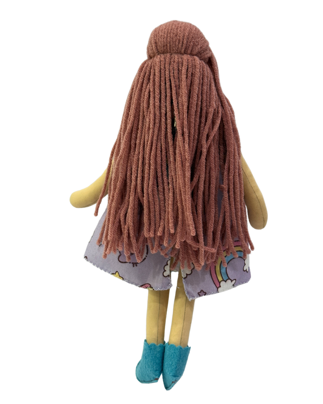 Adorable handmade doll (NINA HONEY PINKISH BROWN) in purple kitty cat dress – tangle-free hair and child-safe