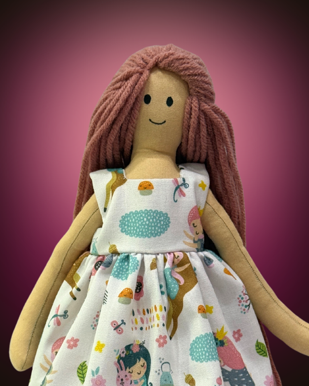 Traditional Indian soft doll (NINA HONEY PINKISH BROWN) wearing a magical white fairy dress – plastic-free and safe for toddlers