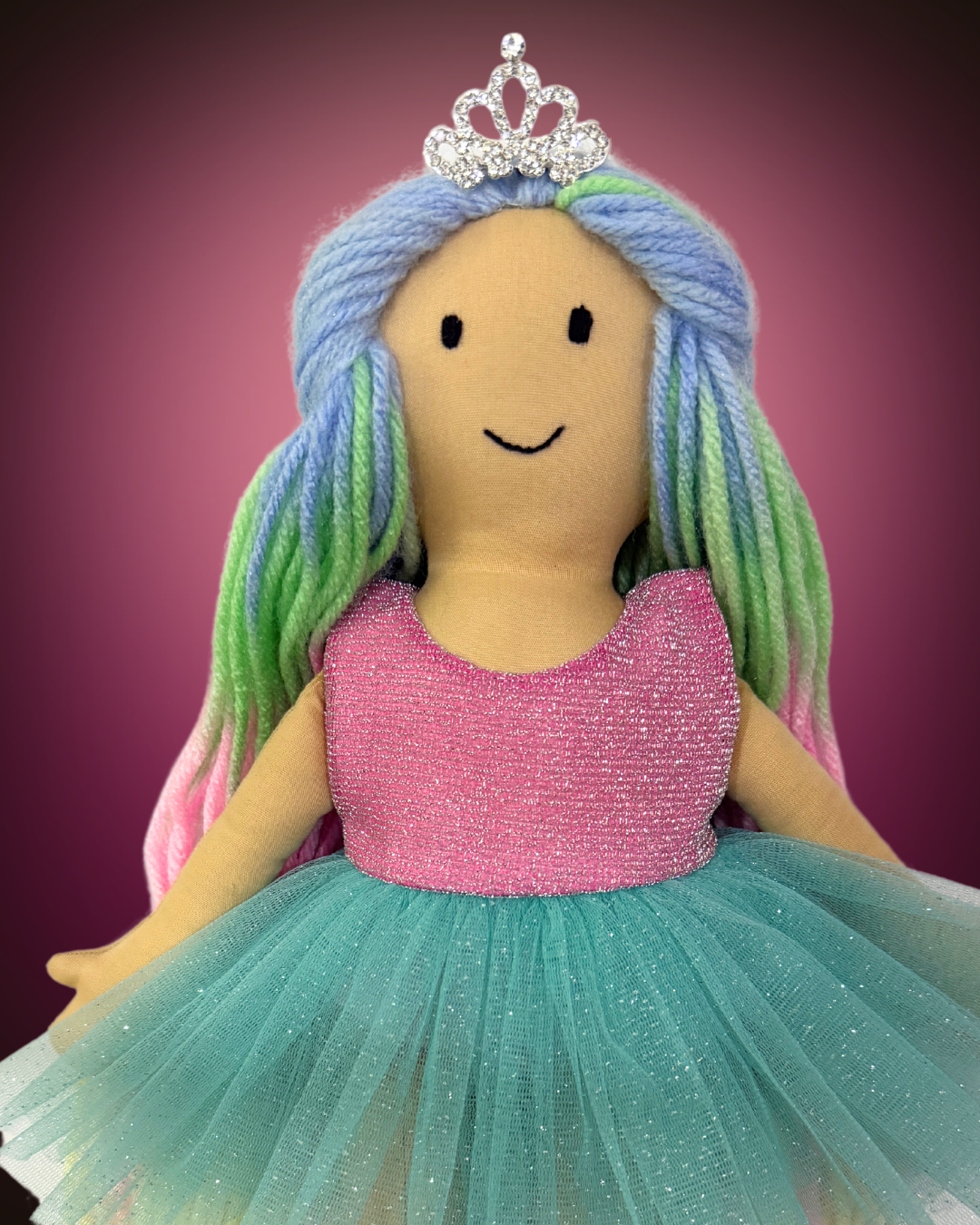 Pink-blue handmade Cuddly Honey Rainbow doll ₹1,400 - softest eco-friendly toy with tangle-free wool hair for babies