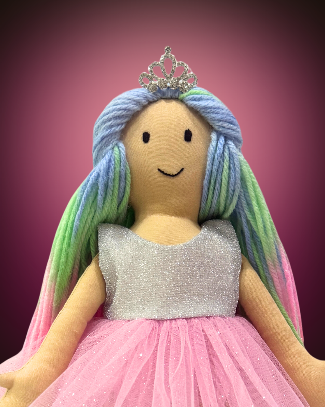 Cuddly Honey Rainbow handmade rag doll in silver-pink dress – eco-friendly baby toy with tangle-free wool hair