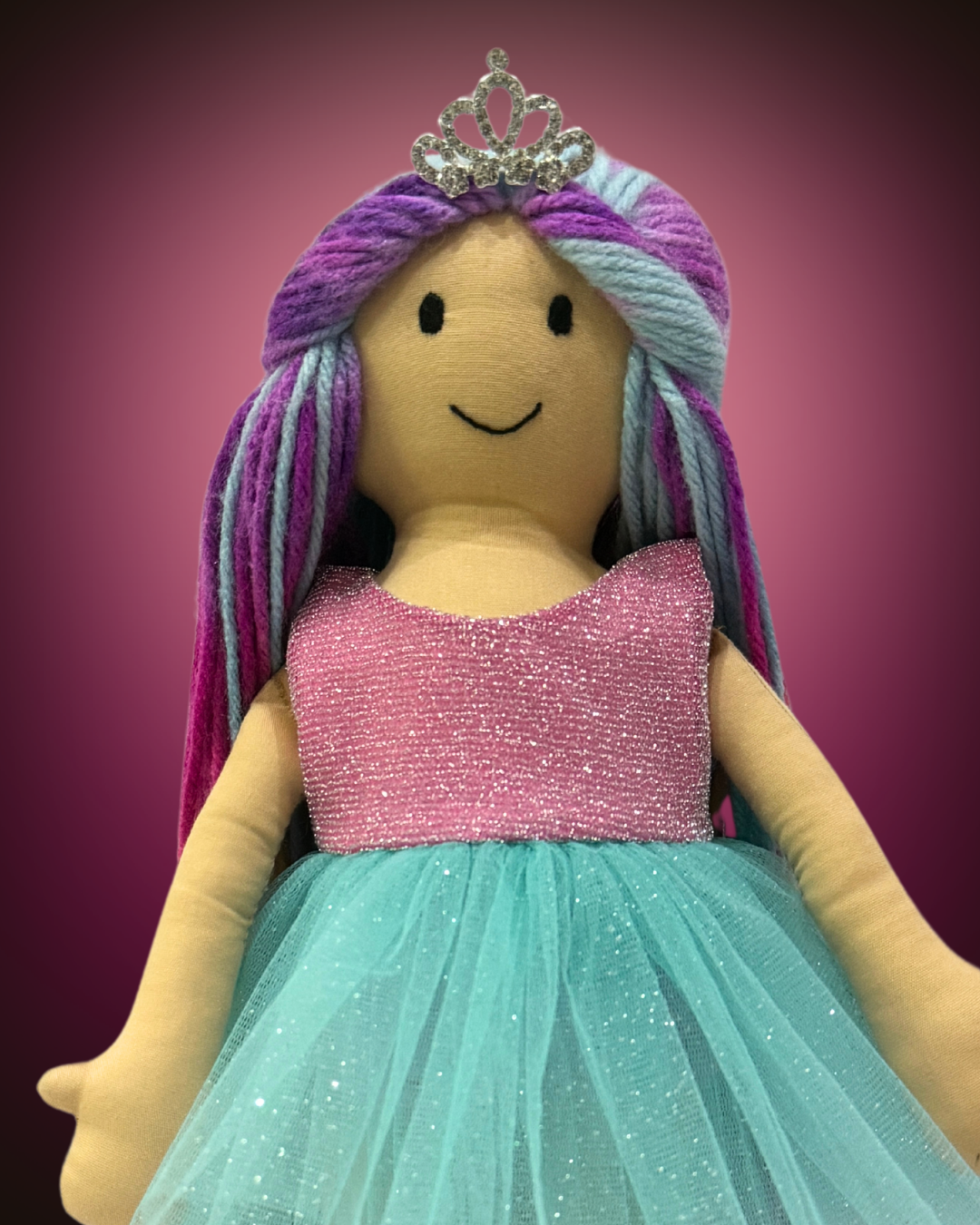 Cuddly Honey Sunshine handmade rag doll in pink-blue dress – soft eco-friendly baby girl toy with tangle-free wool hair | Sustainable Indian traditional dol