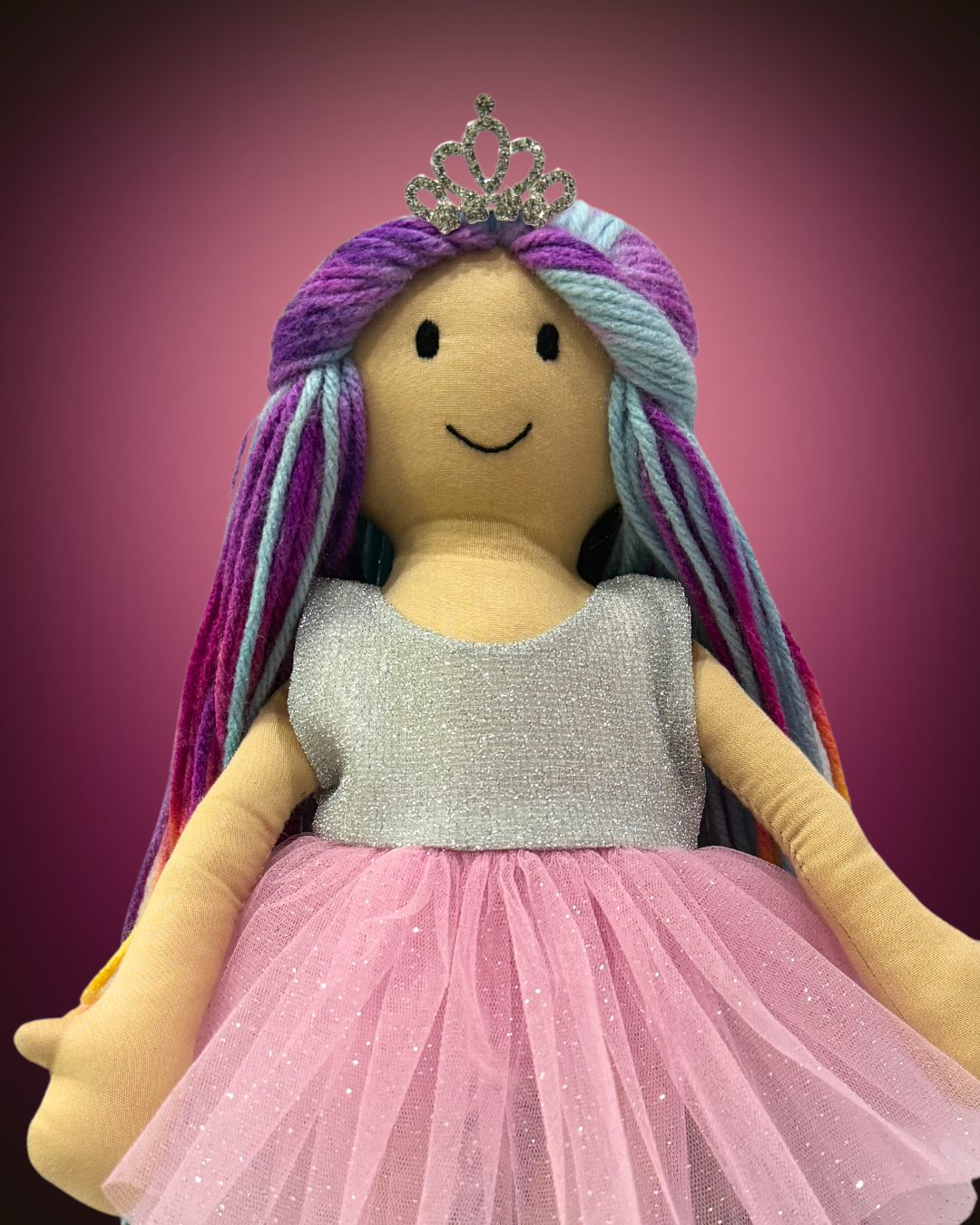 Cuddly Honey Sunshine doll in silver-pink dress – soft, eco-friendly baby girl doll with tangle-free wool hair