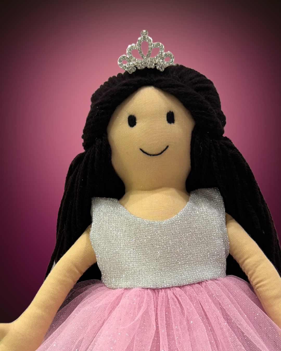 Cuddly Honey Dark Brown artisan doll in silver-pink ethnic dress - inclusive Indian rag doll with premium wool hair