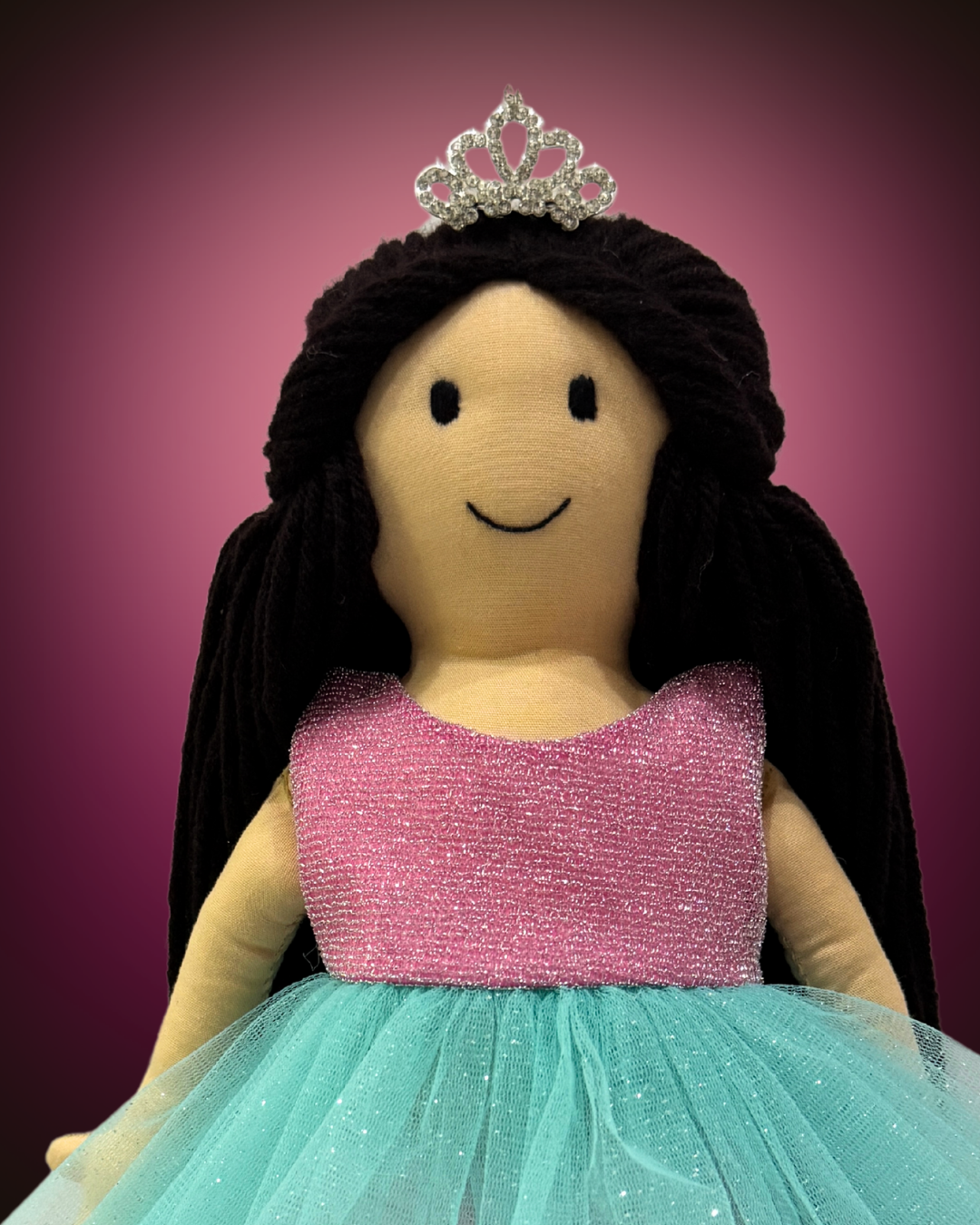 Cuddly Honey Dark Brown traditional doll in pink-blue ikat dress - South Indian handmade educational toy with curly wool hair