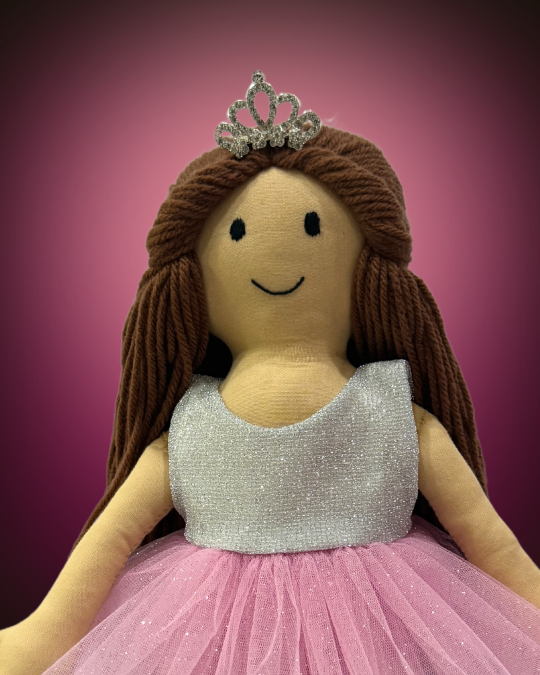 Cuddly Honey Brown premium doll in silver ethnic dress – handmade Indian toy with honey-conditioned wool hair 