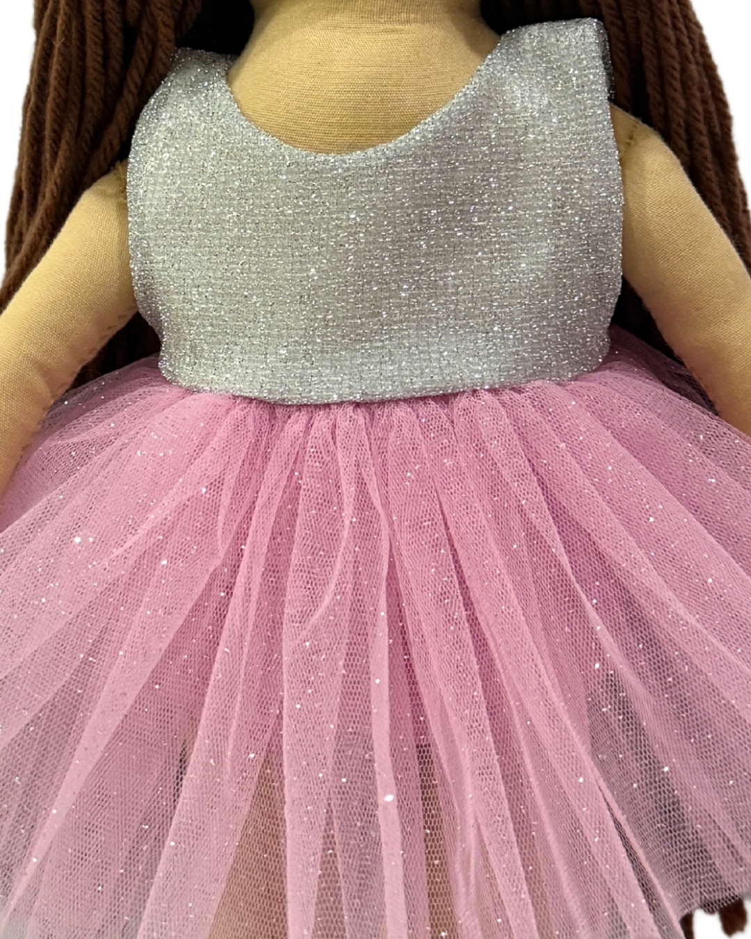 CUDDLY HONEY BROWN in Silver Pink dress