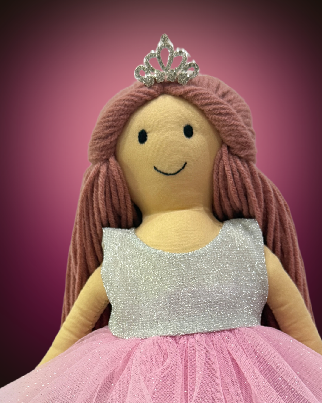 Cuddly Honey Pinkish Brown handmade rag doll in silver-pink dress - eco-friendly baby girl toy with tangle-free wool hair 