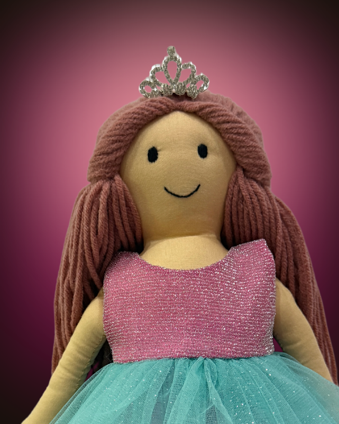 Cuddly Honey Pinkish Brown handmade rag doll wearing pink-blue dress - eco-friendly baby toy with natural wool hair