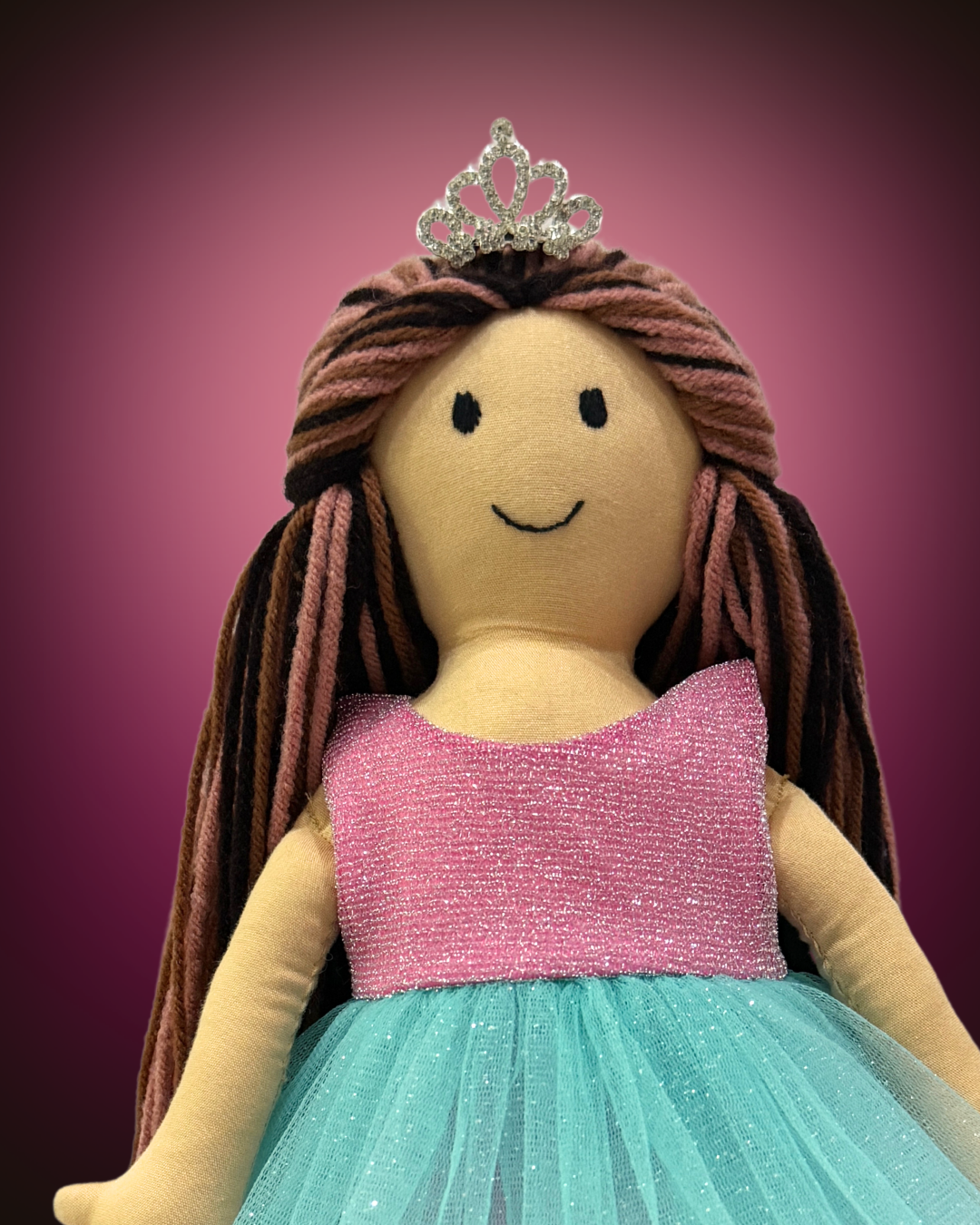 Cuddly Honey Mix handmade rag doll in pink-blue ethnic dress - premium Indian baby doll with natural wool hair