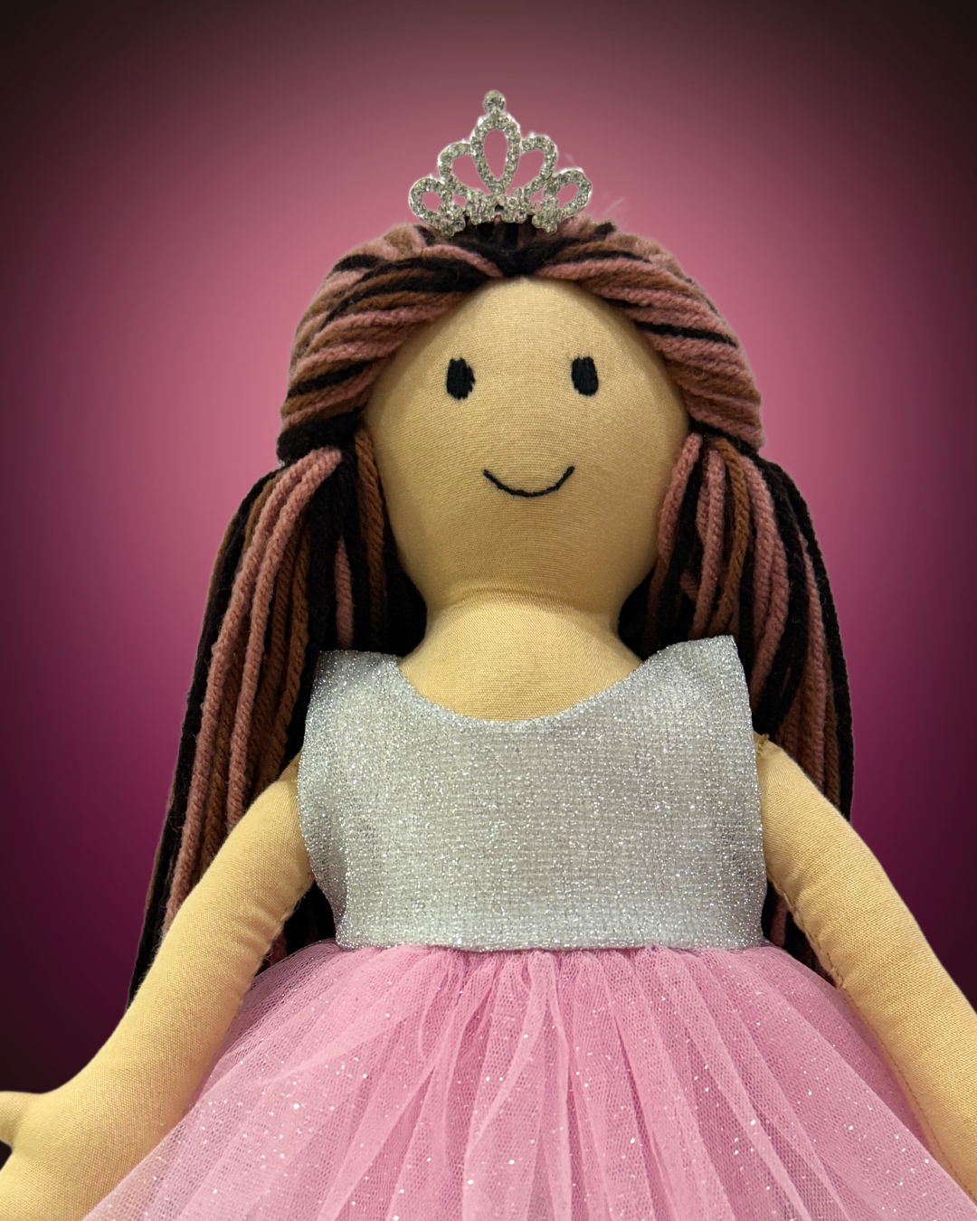 Cuddly Honey Mix premium rag doll in silver-pink embroidered dress - handmade Indian baby doll with natural wool hair