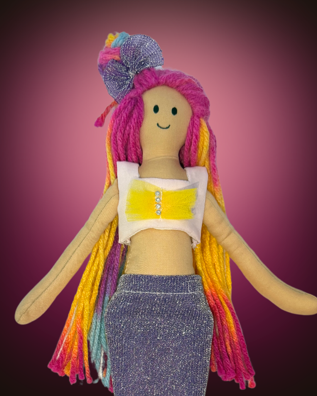 Mermaid doll with purple and yellow tail - handmade sustainable aquatic toy