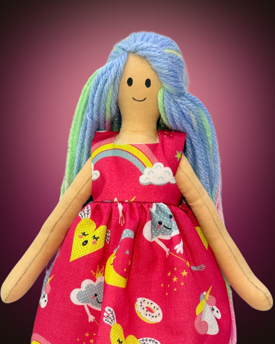 Personalized rag doll (UNINA HONEY RAINBOW) with a pink rainbow dress – safe, plastic-free gift for kids